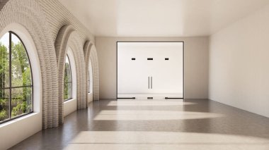 Büyük lüks, modern, parlak iç mekan. Oturma odası tasviri 3D canlandırma.