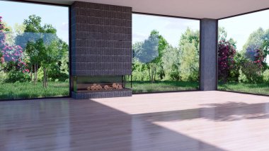 Büyük lüks, modern, parlak iç mekan. Oturma odası tasviri 3D canlandırma.