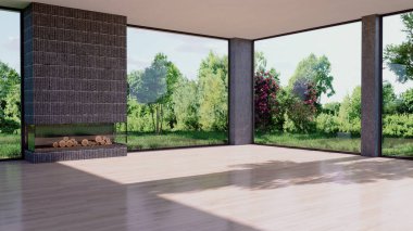 Büyük lüks, modern, parlak iç mekan. Oturma odası tasviri 3D canlandırma.