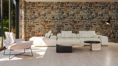 Büyük lüks, modern, parlak iç mekan. Oturma odası tasviri 3D canlandırma.