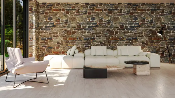 Büyük lüks, modern, parlak iç mekan. Oturma odası tasviri 3D canlandırma.