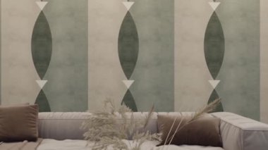 3D video görüntüsü, oturma odasının çağdaş iç tasarımı. Oturma odasının içi çok şık.