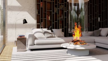 Büyük lüks, modern, parlak iç mekan. Oturma odası tasviri 3D canlandırma.