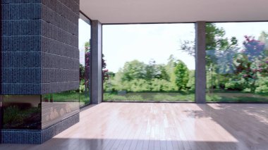 Büyük lüks, modern, parlak iç mekan. Oturma odası tasviri 3D canlandırma.