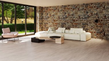 Büyük lüks, modern, parlak iç mekan. Oturma odası tasviri 3D canlandırma.