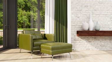 Büyük lüks, modern, parlak iç mekan. Oturma odası tasviri 3D canlandırma.