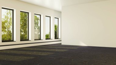 Büyük lüks, modern, parlak iç mekan. Oturma odası tasviri 3D canlandırma.