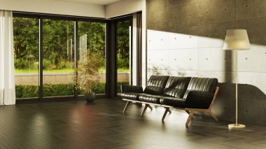 Büyük lüks, modern, parlak iç mekan. Oturma odası tasviri 3D canlandırma.