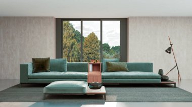 Büyük lüks, modern, parlak iç mekan. Oturma odası tasviri 3D canlandırma.