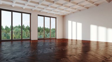 Büyük lüks, modern, parlak iç mekan. Oturma odası tasviri 3D canlandırma.