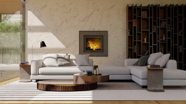 Große Luxus Moderne Helle Innenräume Wohnzimmer Mockup Illustration Rendering Bild — Stockfoto