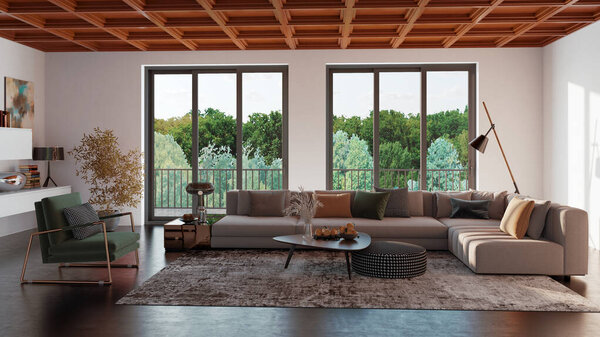 Большой роскошный современный яркий интерьер Гостиная макет иллюстрации 3D рендеринг изображения