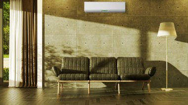 Büyük lüks, modern, aydınlık bir oturma odası. Klima modelleme çizimi 3D.