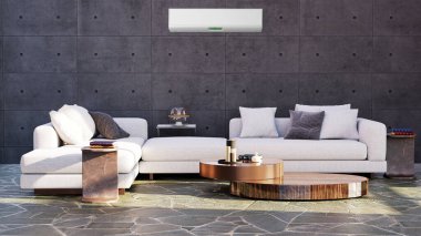 Büyük lüks, modern, aydınlık bir oturma odası. Klima modelleme çizimi 3D.