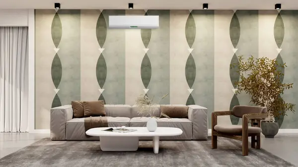 大型豪华的现代明亮室内客厅 装有空调模型插图3D渲染 — 图库照片