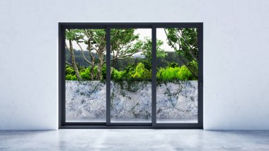 Büyük lüks, modern, parlak iç mekan. Oturma odası tasviri 3D canlandırma.