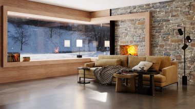 Büyük lüks, modern, parlak iç mekan. Oturma odası tasviri 3D canlandırma.