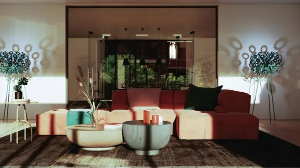 Large Luxury Modern Bright Interiors Living Room Mockup Illustration Rendering Stock Photo