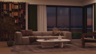 3d video rendering footage contemporary interior design of the living room. Stylish interior of the living room