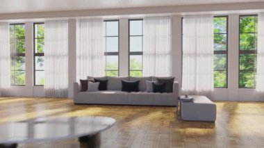 3D video görüntüsü, oturma odasının çağdaş iç tasarımı. Oturma odasının içi çok şık.