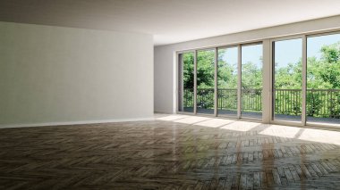 Büyük lüks, modern, parlak iç mekan. Oturma odası tasviri 3D canlandırma.