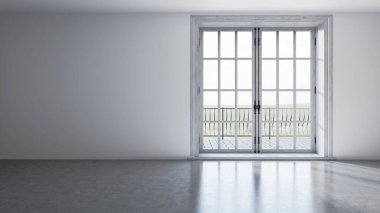 Büyük lüks, modern, parlak iç mekan. Oturma odası tasviri 3D canlandırma.