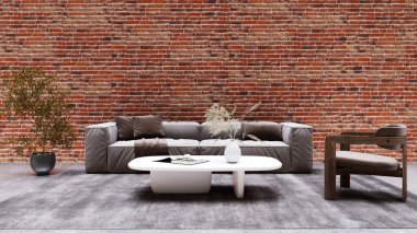 Büyük lüks, modern, parlak iç mekan. Oturma odası tasviri 3D canlandırma.