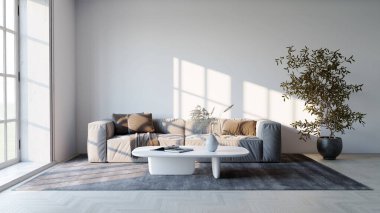 Büyük lüks, modern, parlak iç mekan. Oturma odası tasviri 3D canlandırma.