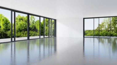 Büyük lüks, modern, parlak iç mekan. Oturma odası tasviri 3D canlandırma.