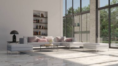 Büyük lüks, modern, parlak iç mekan. Oturma odası tasviri 3D canlandırma.