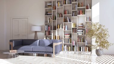 Büyük lüks, modern, parlak iç mekan. Oturma odası tasviri 3D canlandırma.