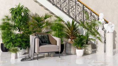 Büyük lüks, modern, parlak iç mekan. Oturma odası tasviri 3D canlandırma.