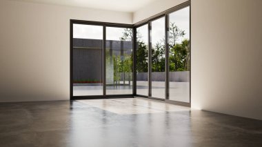 Büyük lüks, modern, parlak iç mekan. Oturma odası tasviri 3D canlandırma.