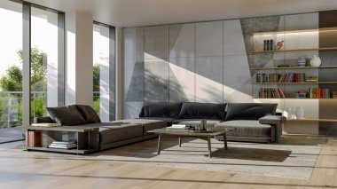 Büyük lüks, modern, parlak iç mekan. Oturma odası tasviri 3D canlandırma.