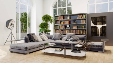 Büyük lüks, modern, parlak iç mekan. Oturma odası tasviri 3D canlandırma.