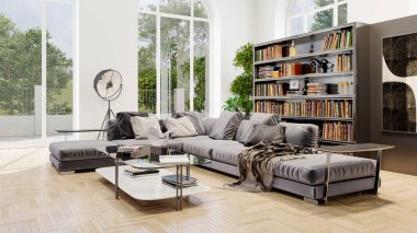 Büyük lüks, modern, parlak iç mekan. Oturma odası tasviri 3D canlandırma.