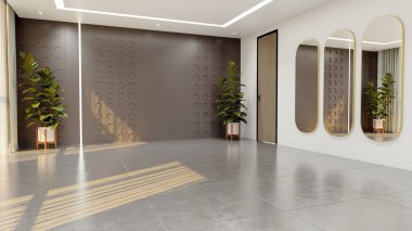 Büyük lüks, modern, parlak iç mekan. Oturma odası tasviri 3D canlandırma.