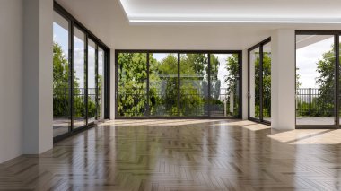 Büyük lüks, modern, parlak iç mekan. Oturma odası tasviri 3D canlandırma.