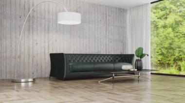 3D video görüntüsü, oturma odasının çağdaş iç tasarımı. Oturma odasının içi çok şık.