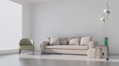 3D video görüntüsü, oturma odasının çağdaş iç tasarımı. Oturma odasının içi çok şık.