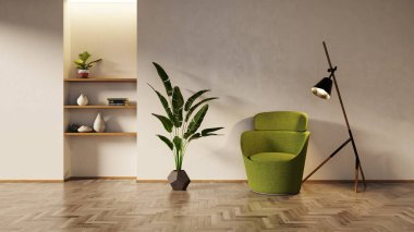 Büyük lüks, modern, parlak iç mekan. Oturma odası tasviri 3D canlandırma.