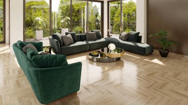 Büyük lüks, modern, parlak iç mekan. Oturma odası tasviri 3D canlandırma.