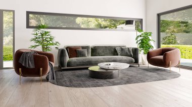 Büyük lüks, modern, parlak iç mekan. Oturma odası tasviri 3D canlandırma.