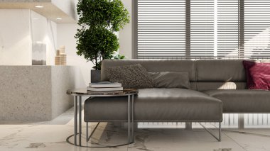 Büyük lüks, modern, parlak iç mekan. Oturma odası tasviri 3D canlandırma.