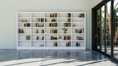 Büyük lüks, modern, parlak iç mekan. Oturma odası tasviri 3D canlandırma.