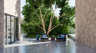 Büyük lüks, modern, parlak iç mekan. Oturma odası tasviri 3D canlandırma.