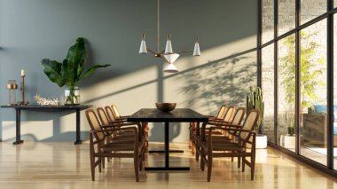 Büyük lüks, modern, parlak iç mekan. Oturma odası tasviri 3D canlandırma.