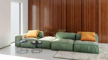 Büyük lüks, modern, parlak iç mekan. Oturma odası tasviri 3D canlandırma.