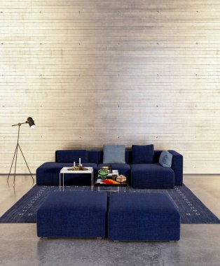 Büyük lüks, modern, parlak iç mekan. Oturma odası tasviri 3D canlandırma.