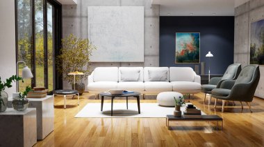 Büyük lüks, modern, parlak iç mekan. Oturma odası tasviri 3D canlandırma.